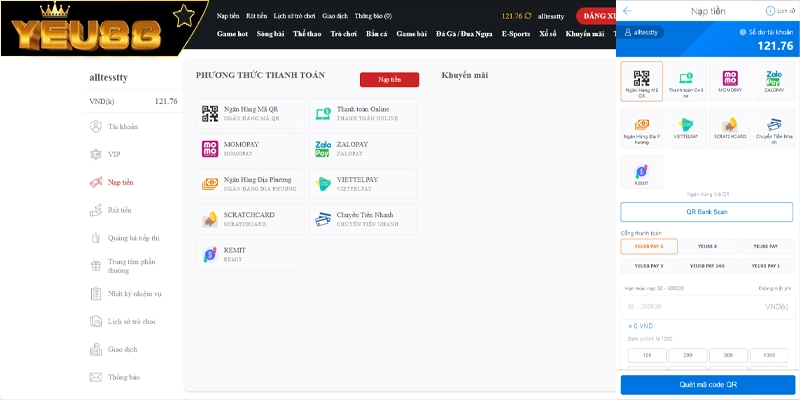 hình thức nạp tiền phổ biến tại Yeu88